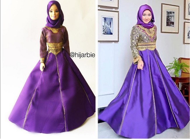 Salah satu gaya barbie yang terkenal adalah barbie yang menyerupai gaya Dian Pelangi. Haneefah membuat busana yang menyerupai songket khas Indonesia, dan menjadi viral. Foto: Instagram @hijarbie