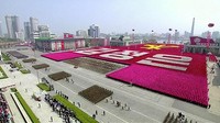 Parade militer ini digelar untuk menandai kelahiran pendiri Korut, Kim Il-Sung, ke-105 tahun. Kim Il-Sung merupakan kakek dari pemimpin Korut saat ini, Kim Jong-Un. KRT/Reuters.