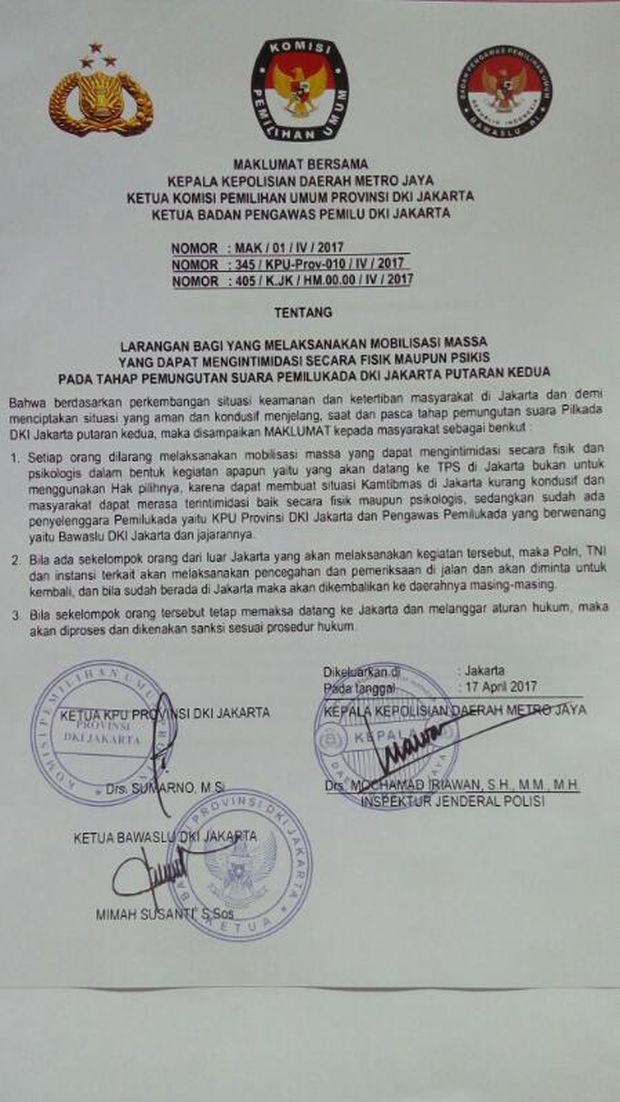 Polda Keluarkan Maklumat Larang Mobilisasi Massa ke TPS 19 April