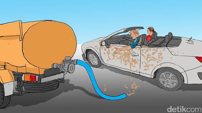 Ilustrasi mobil ketumpahan isi truk tinja