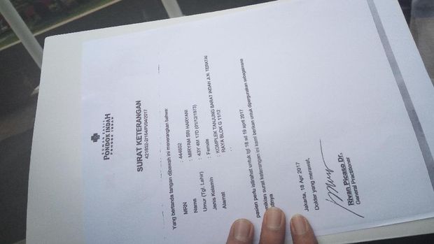 Surat izin perawatan dari Miryam untuk penyidik KPK.