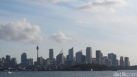 Setelah berlayar sampai Watsons Bay yang sudah dekat muara ke lautan lepas. Cruise lantas balik lagi ke arah kota. Lanskap Kota Sydney tampak jelas di sini (Fitraya/detikTravel)