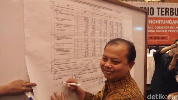 Ketua KPU DKI Sumarno meneken rekapitulasi penghitungan suara tingkat provinsi DKI