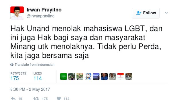 Gubernur Sumbar Bicara Soal Unand yang Tolak Mahasiswa LGBT