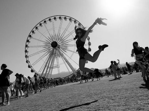 INDIO, CA - APRIL 22:  (EDITORS NOTE: Image has been converted to black andwhite.) Festivalgoer attends day 2 of the 2017 Coachella Valley Music & Arts Festival (Weekend 2) at the Empire Polo Club on April 22, 2017 in Indio, California.  (Photo by Frazer Harrison/Getty Images for Coachella)