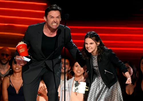 LOS ANGELES, CA - MAY 07:  Actors Hugh Jackman and Dafne Keen accept Best Duo for 'Logan' onstage during the 2017 MTV Movie And TV Awards at The Shrine Auditorium on May 7, 2017 in Los Angeles, California.  (Photo by Kevin Winter/Getty Images)