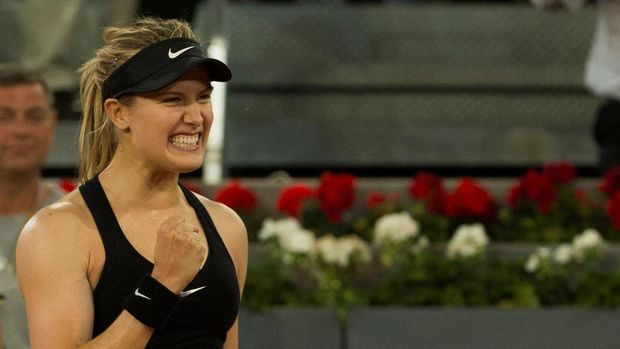 Eugenie Bouchard merayakan kemenangan atas Maria Sharapova pada Madrid Terbuka, Selasa
