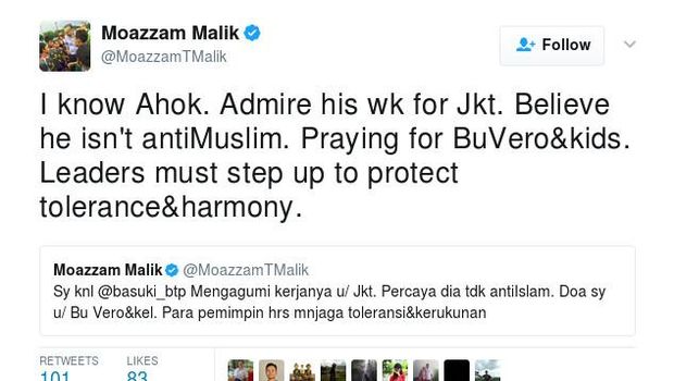 Cuitan Moazzam Malik soal vonis Ahok. 