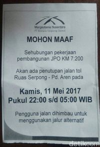 Tol Pondok Aren-Serpon ditutup sementara besok malam.