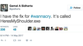 Aku punya jurus buat WannaCry. Yaitu, ini bahuku. Mau menangis? Bersandar saja di bahuku. Foto: istimewa