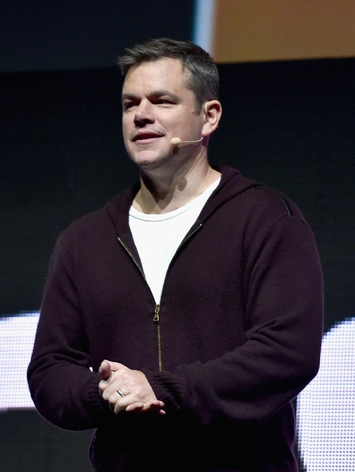 LAS VEGAS, NV - MARCH 28: Actor Matt Damon speaks onstage at CinemaCon 2017 Paramount Pictures Presentation Highlighting Its Summer of 2017 and Beyond at The Colosseum at Caesars Palace during CinemaCon, the official convention of the National Association of Theatre Owners, on March 28, 2017 in Las Vegas, Nevada. (Photo by Alberto E. Rodriguez/Getty Images for CinemaCon)