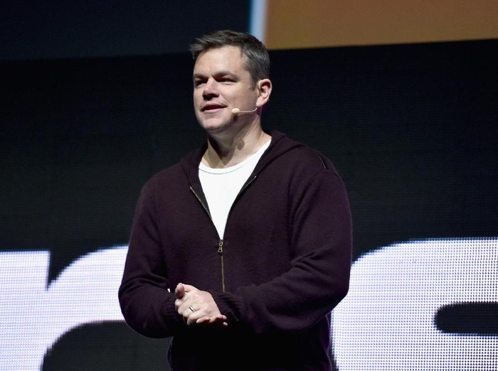 700024462SB00007_CinemaCon_ LAS VEGAS, NV - MARCH 28: Actor Matt Damon speaks onstage at CinemaCon 2017 Paramount Pictures Presentation Highlighting Its Summer of 2017 and Beyond at The Colosseum at Caesars Palace during CinemaCon, the official convention of the National Association of Theatre Owners, on March 28, 2017 in Las Vegas, Nevada. (Photo by Alberto E. Rodriguez/Getty Images for CinemaCon)