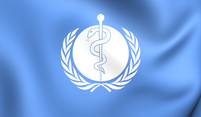 3D Flag of the World Health Organization. Close Up.