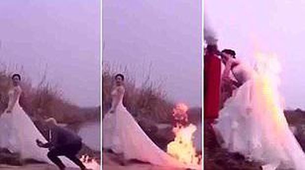 Calon Pengantin Nekat Pakai Gaun Terbakar Demi Foto Prewedding Dramatis