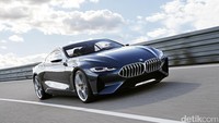 Konsep BMW Seri 8 terlihat atletis. Mobil ini menggunakan model dua pintu stylish dengan fasia depan agresif dan twin-kidney grille khas BMW. Selain itu, mobil ini juga dibekali splitter depan serat karbon, lampu depan laser dan air intake udara yang besar. Foto: BMW