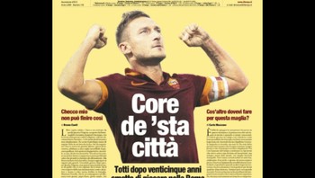 Sebuah koran lokal di Roma pun sampai mengganti namanya dengan nama Totti, khusus hari ini untuk memberikan tribute bagi sang legenda. Foto: dok. Istimewa