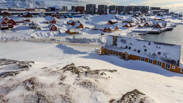Old harbor and Nuuk city center covered in snow, Greenland