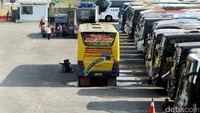 Jajaran bus menunggu penumpang.