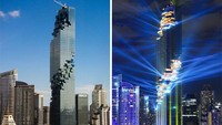 Menara Mahanakhon di Bangkok, Thailand. Desain pixelated memberikan kesan gedung ini seperti mau runtuh. Pool/Boredpanda.