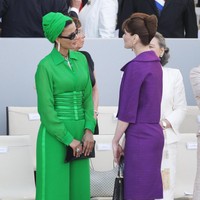 Sheikha Moza Bint Nasser al-Misnad, wife of the Qatari Emir, and French first lady Carla Bruni-Sarkozy attend the Bastille Day ceremony on July 14, 2008 in Paris, France.  Syrian President Bashar al-Assad attended the Champs-Elysees military parade, alongside other European, North African and Middle Eastern leaders, which has caused controversy due to Syrias ties to organisations classified as terrorist by the several countries. (Photo by Francois Durand/Getty Images)