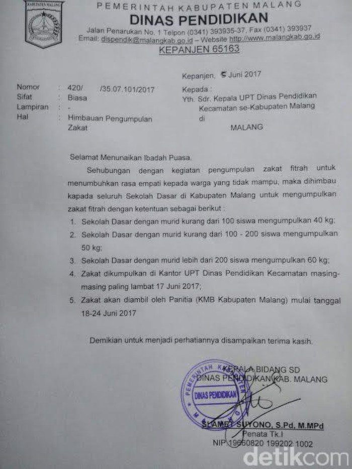 Dindik Kabupaten Malang Akhirnya Tarik Edaran Wajib Zakat