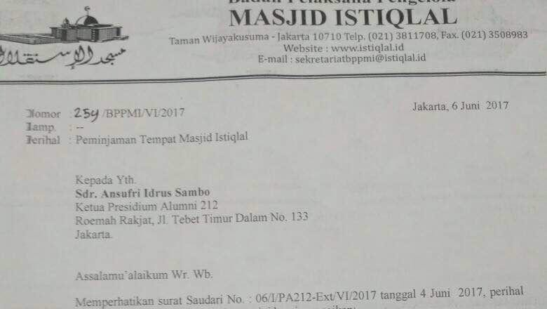 212 surat izin Ulama Bela Masjid Aksi 96 Tak Izinkan Istiqlal Pengelola