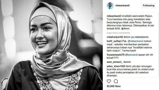 Ucapan Belasungkawa Ridwan Kamil untuk Julia Perez