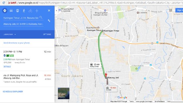 Screenshot Google Maps jarak Halte Warung Jati ke Kuningan Timur
