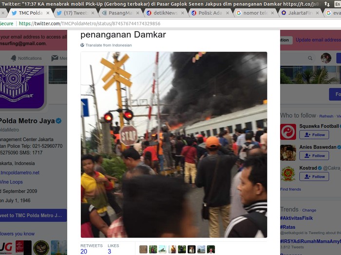 Ada Gerbong Terbakar di Senen, KRL Jatinegara-Kemayoran Dihentikan