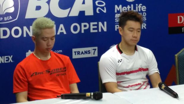 Kevin Sanjaya Sukamuljo/Marcus Fernaldi dalam konferensi pers usai kekalahan di babak pertama Indonesia Open 2017