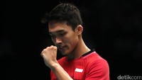 Ekspresi kemenangan Jonatan Christie.