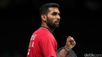 Prannoy Haseena Sunil Kumar merayakan kemenangan. 