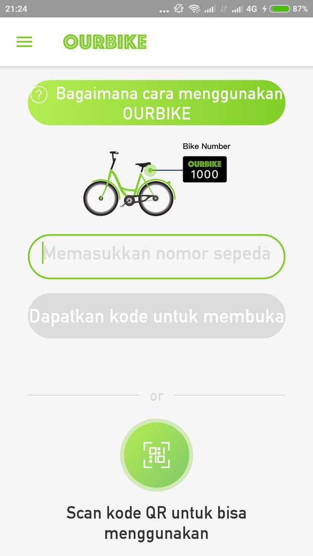  Tampilan awal pada aplikasi Ourbike (Screenshoot Ourbike)