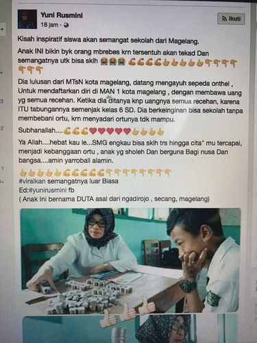 Screenshot akun Facebook Yuni Rusmini soal kisah Duta