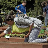 Padukan parka, blouse kuning, celana penuh motif, dengan sneakers Converse, Michelle Obama tampil stylish saat berkebun di taman Gedung Putih. (Foto: Getty Images)