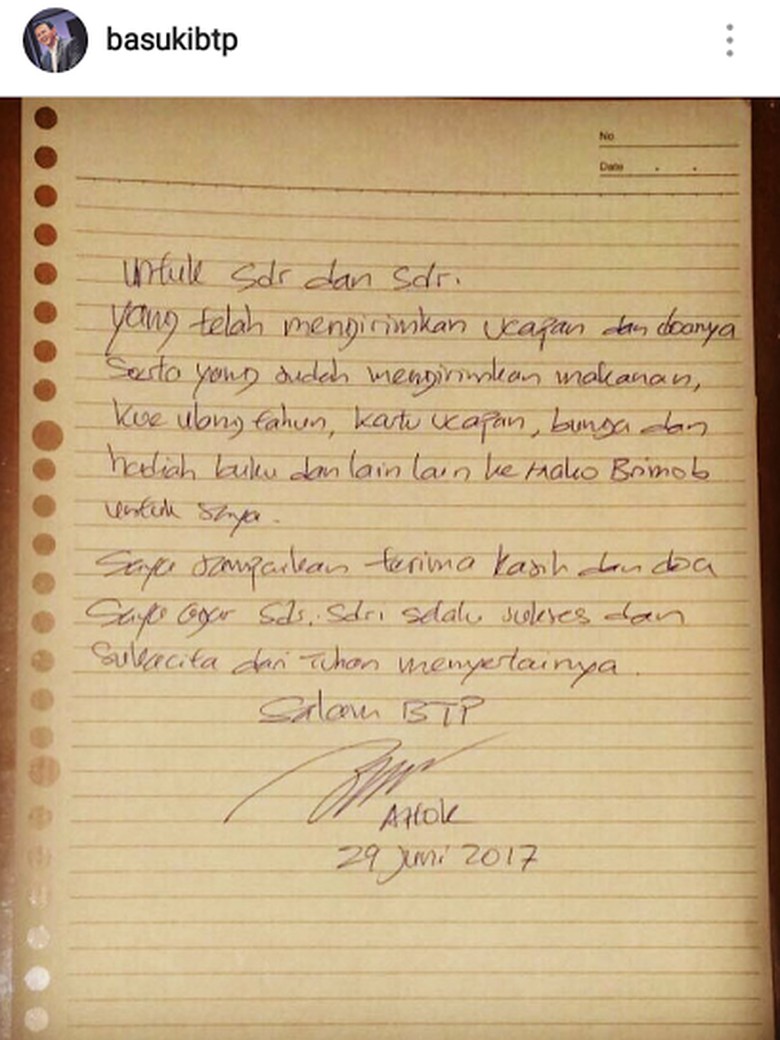 Lewat Surat Di Hari Ultah Ahok Ucapkan Terima Kasih Ke