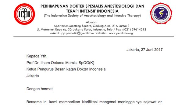 Surat klarifikasi dari perhimpunan dokter anestesi tidak menyebut penyebab meninggalnya dr Stefanus, termasuk dugaan mengidap Takotsubo Syndrome (dikenal juga dengan istilah broken-heart syndrome) sebagaimana informasi yang beredar di medsos.