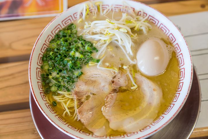 Delicious Japanese chashu ramen with boiled egg and vegetable.