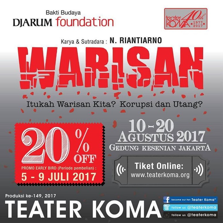 Teater Koma Umumkan Harga Tiket Early Bird Pentas Warisan Foto: Teater Koma Teater Koma Umumkan Harga Tiket Early Bird Pentas Warisan Foto: Teater Koma