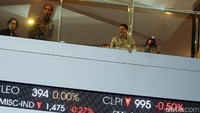 Begitu tiba, Presiden Jokowi berserta para pendampingnya langsung melakukan peninjauan ke arah sisi kanan gedung BEI yang menuju ruang kantor Bos BEI Tito Sulistyo.