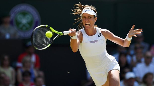 Johanna Konta memenangi laga tiga set melawan Donna Vekic di babak II Wimbledon 2017.
