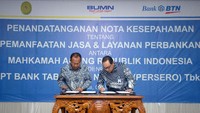 Lewat kerja sama tersebut Bank BTN memproyeksi DPK murah perseroan bakal bertambah sekitar  Rp5 triliun hingga Rp7 triliun dan peningkatan kredit untuk para pegawai serta pendapatan non bunga dari layanan perbankan di lingkungan kerja MA. Foto: dok BTN