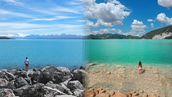 Danau Tekapo di Selandia Baru vs danau Wolfgang di Austria . Foto: Instagram @howfarfromhome