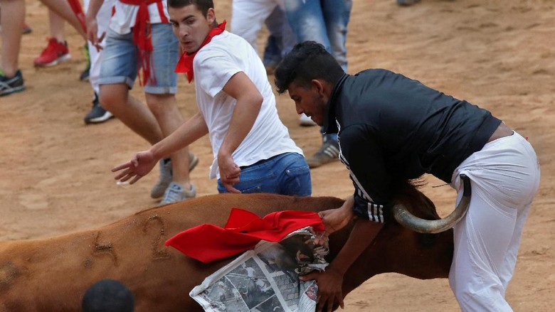 Pertarungan Maut di San Fermin Festival The banderillero Pablo Saugar is led away after being gored during a bullfight at the San Fermin festival in Pamplona, Spain July 9, 2017. REUTERS/Joseba Etxaburu