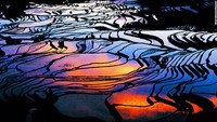 Kolam Cermin Yuanyang. Lokasi ini merupakan area persawahan padi Yuanyang di Provinsi Yunnan, China. Cerminan cahaya matahari memungkinkan serangkaian efek visual yang memukau. Leluhur orang Hani membuat are persawahan ini menggunakan tangan lebih dari 1.000 tahun. Lahan ini sering berubah di musim dingin dan musim semi, sawah yang dipenuhi air menciptakan kolam reflektif dan menghasilkan warna hijau tajam di musim tanam atau musim panas (Dok. CNN Travel)