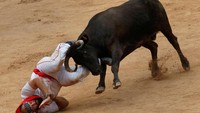 Ini aksi-kasi mereka yang nyaris tertanduk bateng. REUTERS/Joseba Etxaburu.