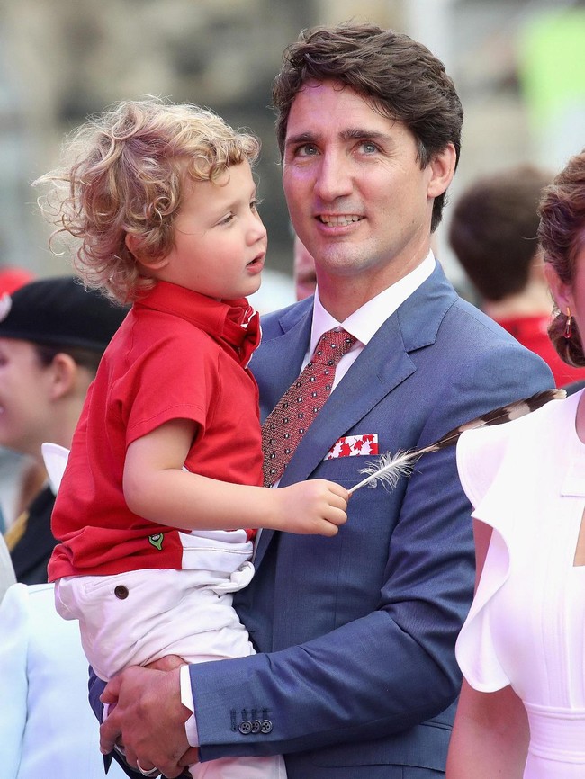 Justin Trudeau and  Hadrien Trudeau watch Canada Day Canada Day celebrations on Parliament Hill during a 3 day official visit  the Prince of Wales & Duchess of Cornwall  to Canada on July 1, 2017 in Ottawan, Canada.  (Photo by Chris Jackson/Getty Images)