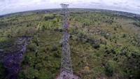 Beberapa petugas memperbaiki jaringan listrik di atas tower. Pool/PLN. 