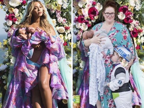  Kocak, Ibu-ibu Ini Tiru Foto Ikonik Beyonce dengan Bayi Kembar