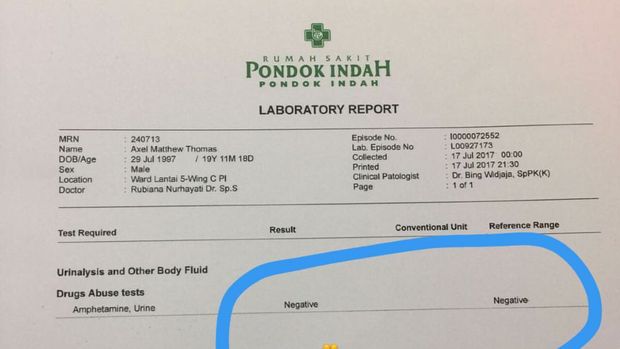 Hasil tes urine anak Jeremy Thomas, Axel Matthew.
